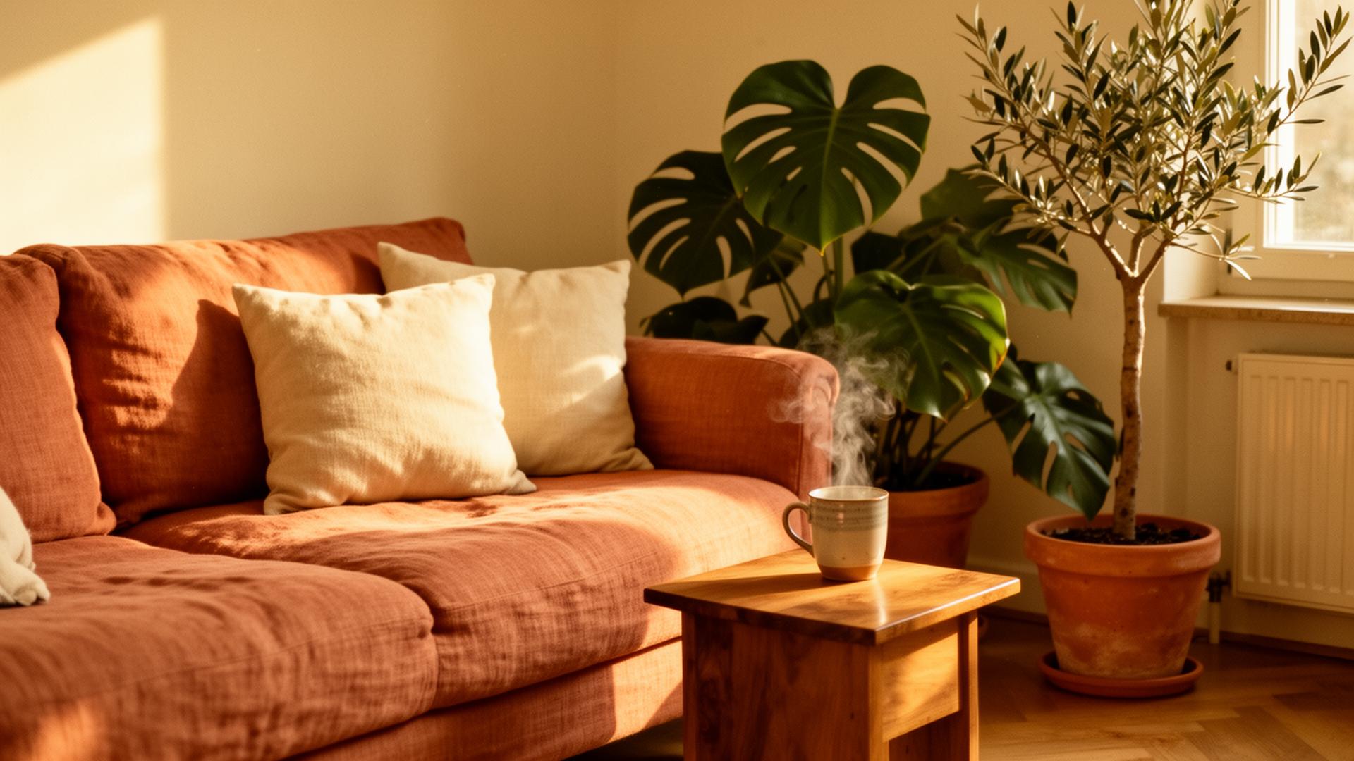 A warm terracotta linen couch with cream cushions beside plants in clay pots — a quiet place to talk.
